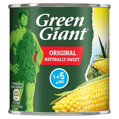 A 340g can of Green Giant Original Sweetcorn features the classic Green Giant mascot and corn imagery on the label for an easy, tasty way to enjoy 1 of your 5 a day.