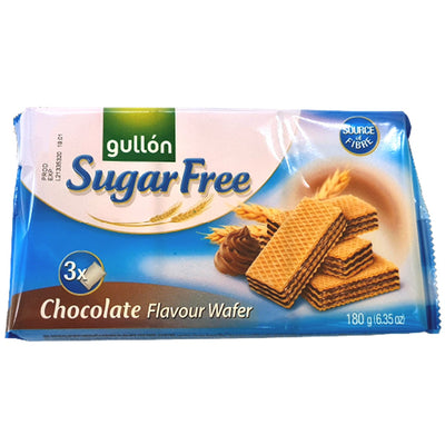 The Gullon Sugar Free Chocolate Flavour Wafer, weighing 180g, comes in blue and white packaging and is labeled as a source of fiber.