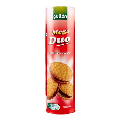 A cylindrical 500g package of Gullon Mega Duo Choco Sandwich Biscuits features three chocolate cream biscuits on the front.