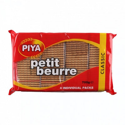 A red and yellow package of Piya Petit Beurre Biscuit, 700g, containing 4 individual packs of buttery biscuits.