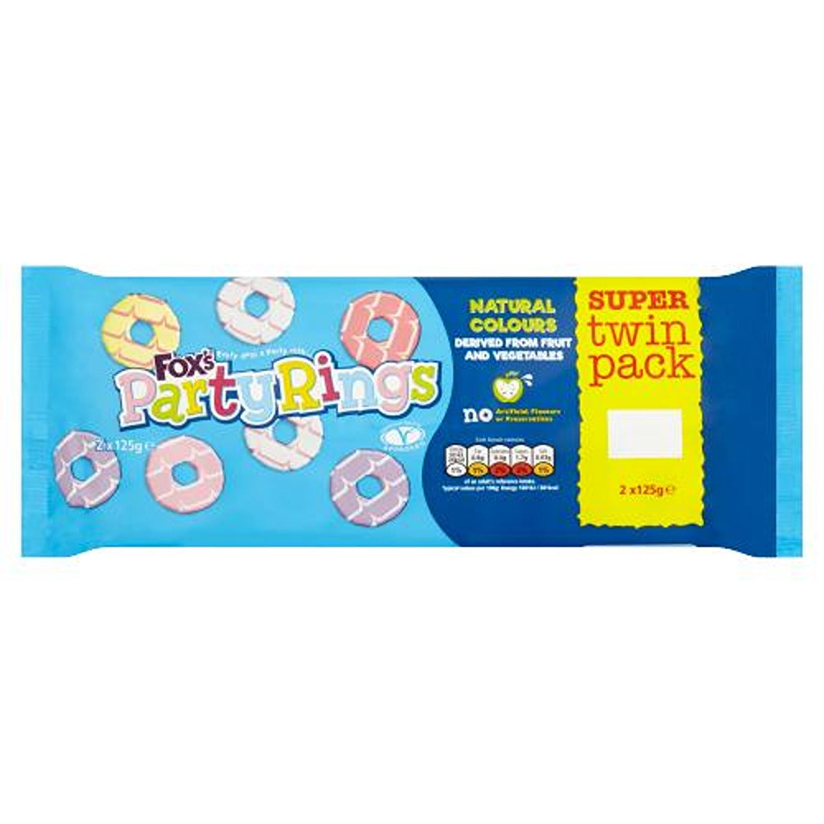 A package of Foxs - Party Rings Super Twin Pack - 2 x 125g on a white background.