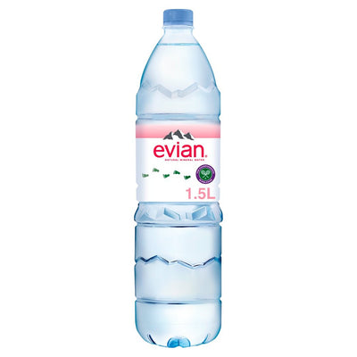 A bottle of Evian - Still Water - 1.5L on a white background.
