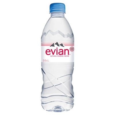 A 500ml plastic bottle of Evian Still Water with a blue cap and a label displaying mountain graphics.