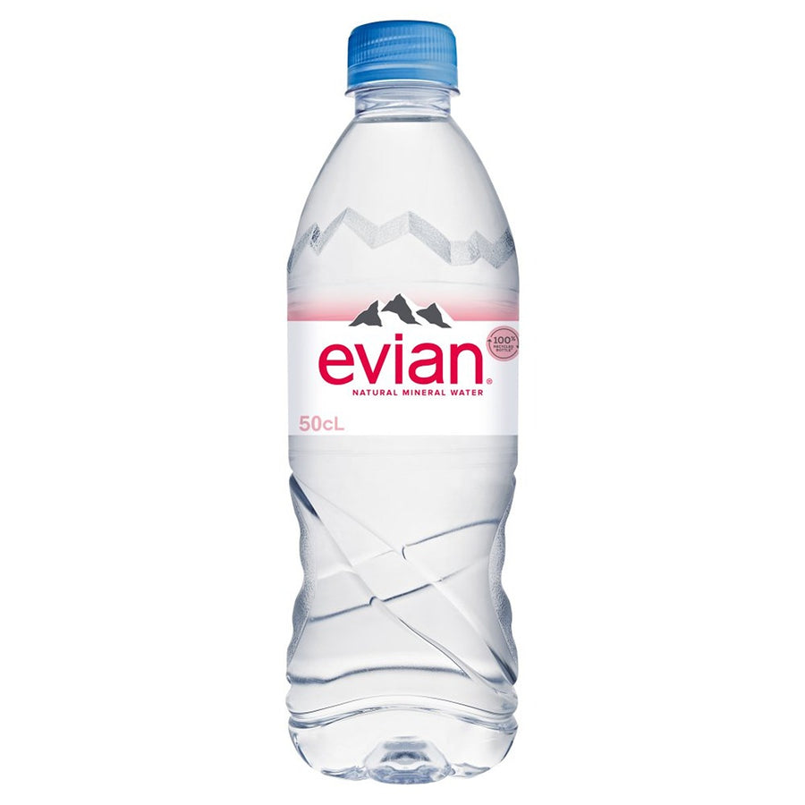A 500ml plastic bottle of Evian Still Water with a blue cap and a label displaying mountain graphics.