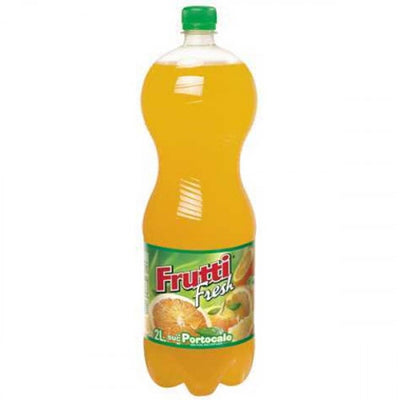 A 2L bottle of Frutti Fresh - Orange Flavour Drink features a green cap and label with orange images.