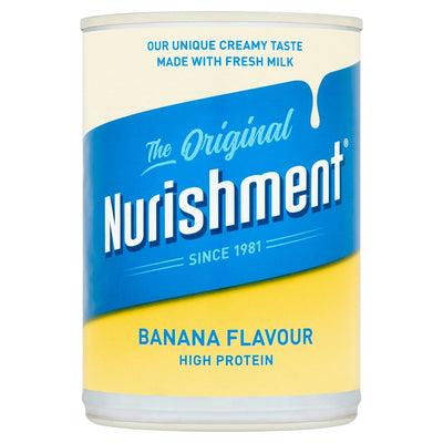 A 370ml tin of Nurishment Banana Flavour high protein drink, with blue and yellow design, highlighting a creamy taste and made with fresh milk.
