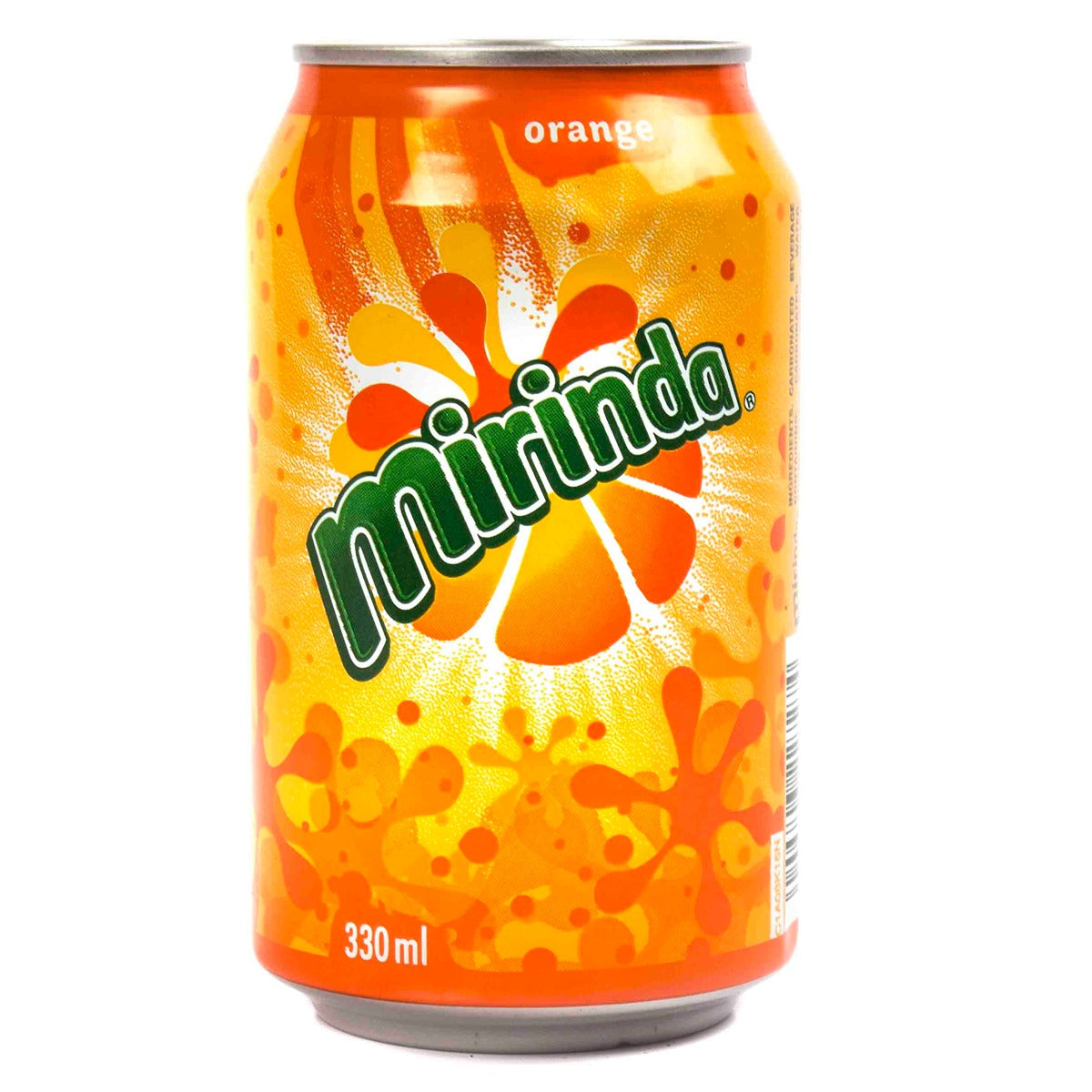 A can of Mirinda - Orange Soda - 330ml on a white background.