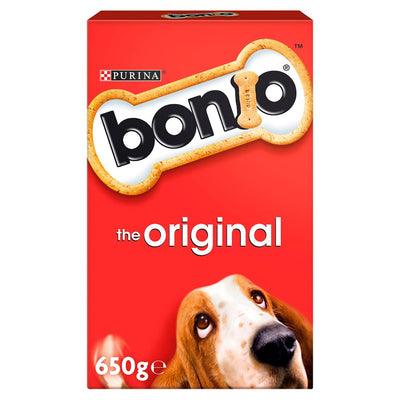 A 650g box of Purina Bonio Dog Biscuit The Original, featuring the Purina brand and a large bone logo, with a dog looking upward in the bottom right corner.