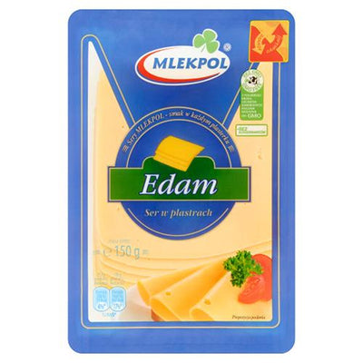 A 150g package of Mlekpol Edam Cheese features images of sliced Dutch cheese, tomato, and parsley on the front, with product details in Polish.