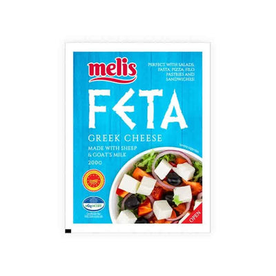 Melis - Feta Cheese - 200g: Authentic feta made from sheep and goat’s milk, with Mediterranean cheese cubes shown on a fresh salad.