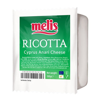 A 225g package of Melis Ricotta Cyprus Anari Cheese, a soft cheese from Melis with a green and white label showing ingredients and certification logos.