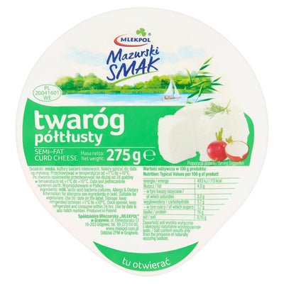 Mlekpol Semi Fat Cottage Cheese, 275g – a protein-rich Polish dairy product. The round container features images of cheese, radish, and dill, plus product info in Polish. Perfect for adding wholesome flavor to your meals.