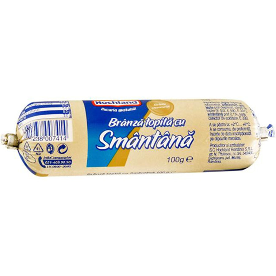 A 100g tube of Hochland Baton Cheese with Cream, a Romanian processed cheese, in beige and blue packaging.