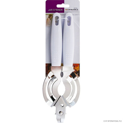 The Prima - Jar Opener by Prima features a white handle and adjustable metal gripping arms, packaged on a purple and white backing.