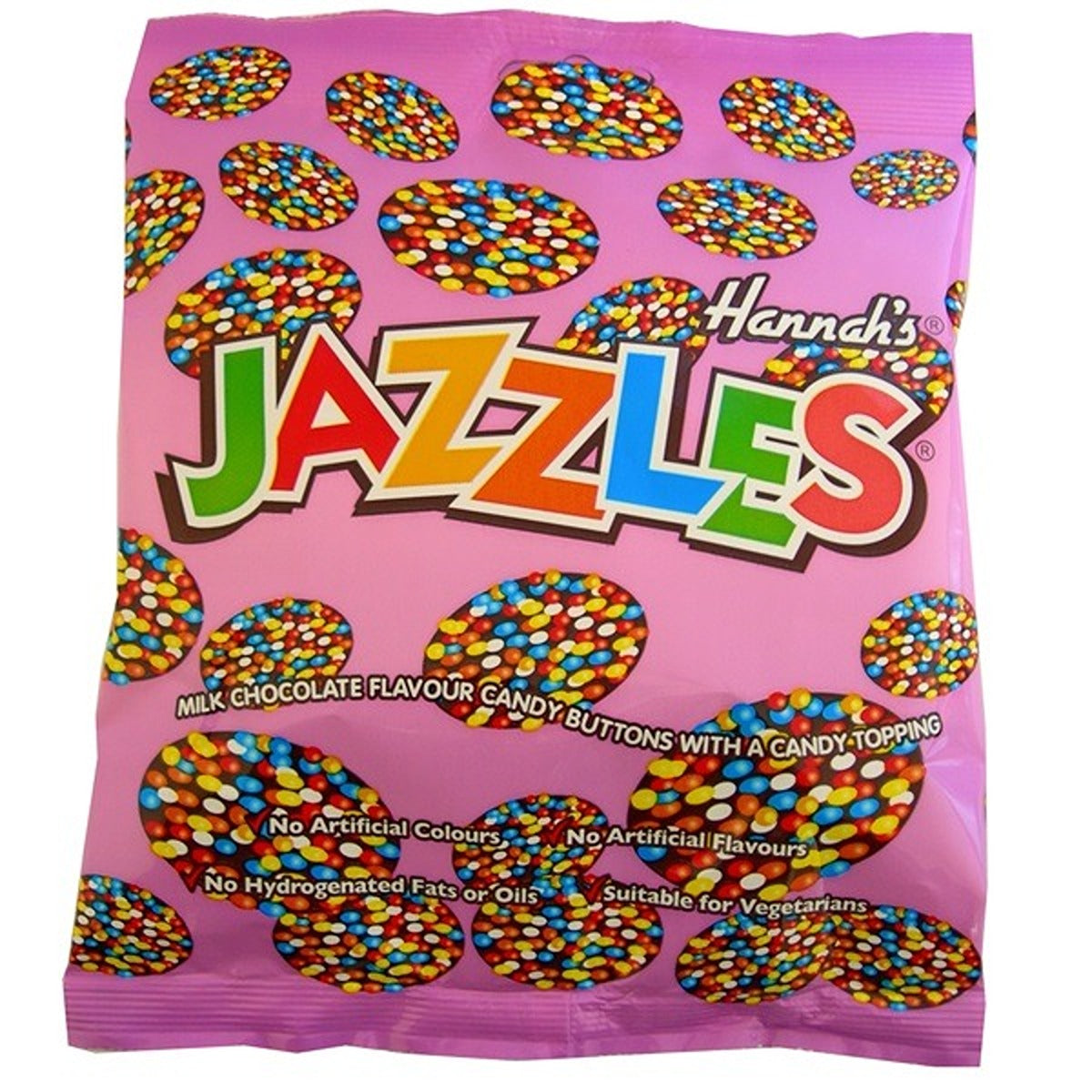 A 140g pink bag of Hannah's Choco Jazzles featuring milk chocolate candy buttons adorned with colorful sprinkles. The packaging emphasizes that it contains no artificial colors or flavors and is suitable for vegetarians.