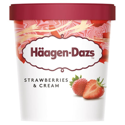 A 460ml Häagen-Dazs Strawberries & Cream Ice Cream tub featuring images of whole and sliced strawberries on the packaging.