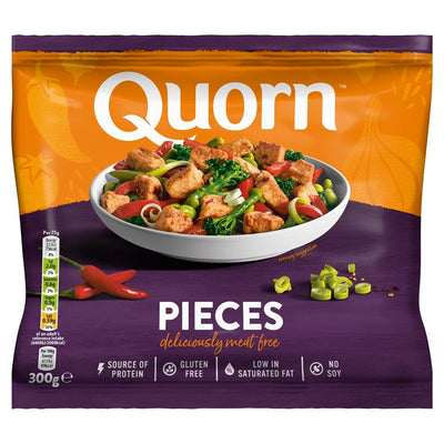 A 300g pack of Quorn Pieces, a meat-free product from Quorn, showing a bowl with cooked pieces and vegetables. The packaging notes it’s gluten free, soy free, and a source of protein.