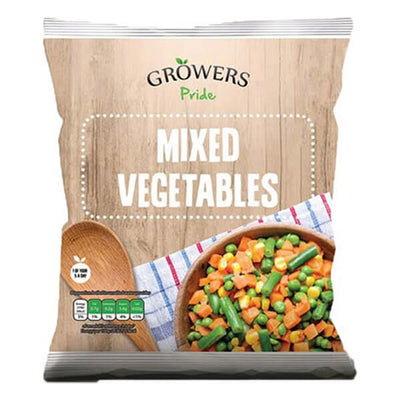 A 450g bag of Growers Pride Mixed Vegetables with assorted frozen vegetables shown in a wooden bowl on the front.