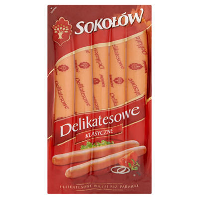 A pack of Sokolow Franks Classic Deluxe Pork Sausage (250g), showing several sausages inside a red and transparent plastic wrapper.