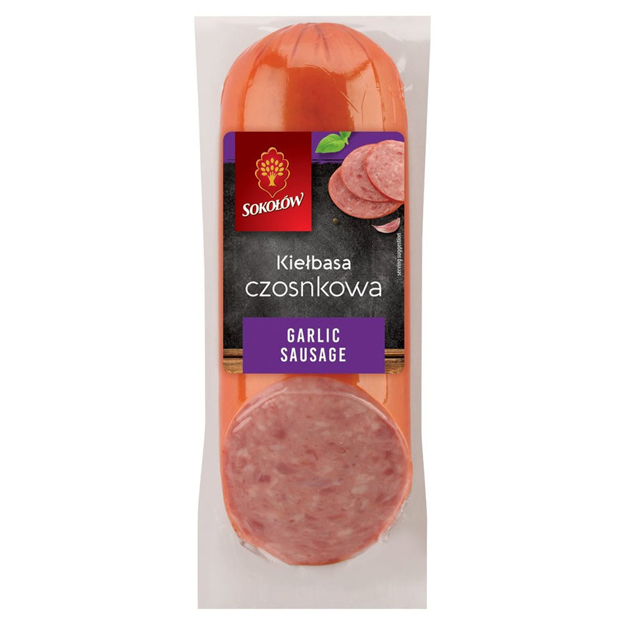 A vacuum-sealed 400g Sokolow Garlic Pork Sausage, labeled in Polish and English, displays sliced sausage on both the label and through the packaging.
