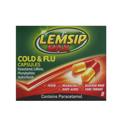 Lemsip Max Daytime Cold & Flu Relief Capsules 8 Pack, shown with two capsules, relieves fever, headaches, body aches, blocked nose, and sore throat.