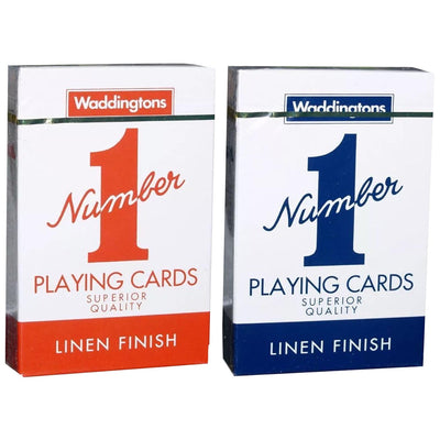 Two packs of Waddingtons Playing Cards, each labeled "Linen Finish" and "Superior Quality," one featuring red text and the other blue text.