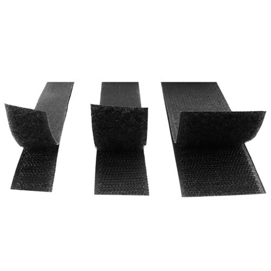 Three black Stitch & Sew - Hook and Loop strips in different widths are displayed side by side on a white background, offering a versatile fastening solution for sewing projects.