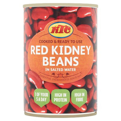 A 400g can of KTC Red Kidney Beans in Salted Water, ready to use and labeled as a source of protein, fiber, and "1 of your 5 a day.