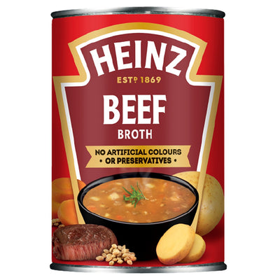 Heinz Classic Beef Broth Soup 400g features images of beef, potatoes, and grains on its label, is low in fat, and contains no artificial colours or preservatives.