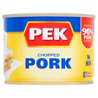 A 200g can of Pek Chopped Pork, made with at least 90% pork and no MSM, features a tempting sandwich image on its label.