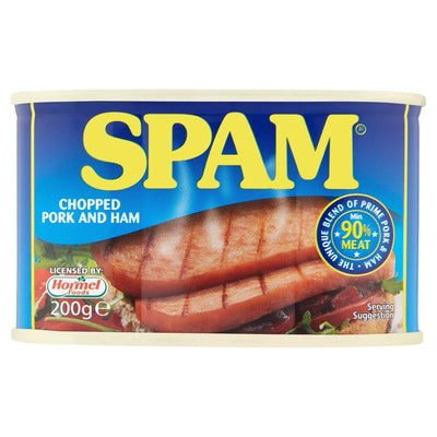 A 200g can of Spam - Chopped Pork and Ham, fully cooked and gluten free, featuring an image of sliced meat and a "90% meat" badge on the label.