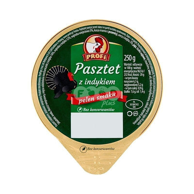 Profi - Pate with Turkey 250g: A round container with a green and gold label featuring the Profi logo, product name in Polish, and ingredients—ideal for charcuterie boards or as a savory turkey-flavored pâté.