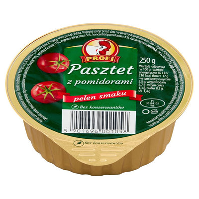 A 250g container of Profi - Pate with Tomato features green labeling, tomato images, and Polish text describing this savoury snack spread and its ingredients.