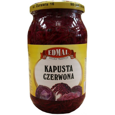 A 900g jar of Edmal Red Cabbage in Brine, labeled "Kapusta Czerwona," features vibrant images of red cabbage on the packaging.