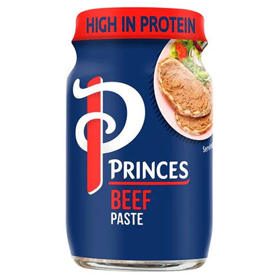 A 75g jar of Princes Beef Paste with a blue label and red lid labeled "HIGH IN PROTEIN," showing beef paste spread on bread.