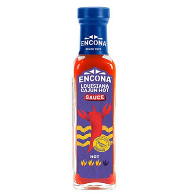 A 142ml bottle of Encona Louisiana Cajun Hot Sauce with a blue cap and a red label featuring chili peppers and flames, capturing the bold Southern flavor of authentic Cajun cuisine.