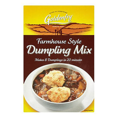 A box of Goldenfry - Farmhouse Style Dumpling Mix (142g) from Goldenfry, featuring a bowl of stew with two dumplings and text indicating it makes 8 dumplings in 20 minutes.