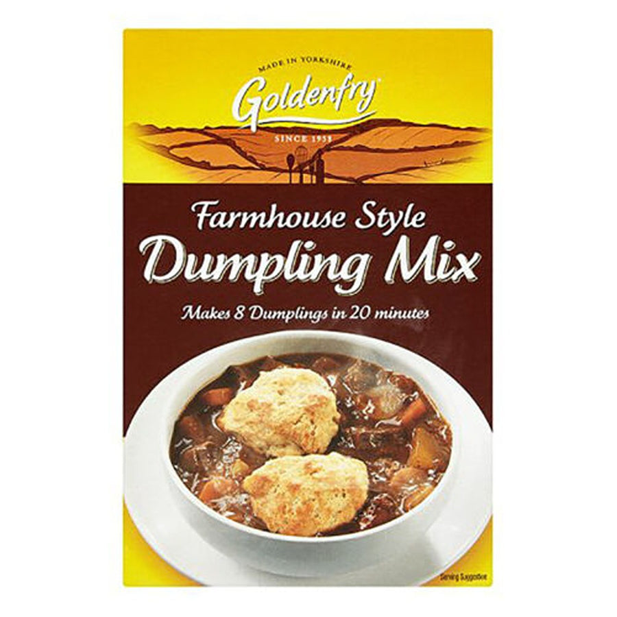 A box of Goldenfry - Farmhouse Style Dumpling Mix (142g) from Goldenfry, featuring a bowl of stew with two dumplings and text indicating it makes 8 dumplings in 20 minutes.