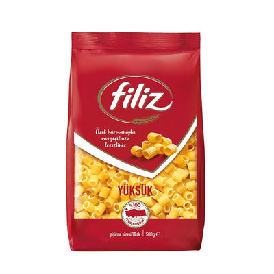 A 500g pack of Filiz Yüksük Pasta featuring an image of uncooked pasta on the front.