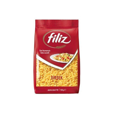 A 500g red pack of Filiz - Dirsek Pasta by Filiz, with an image of cooked elbow pasta and vegetables on the front.
