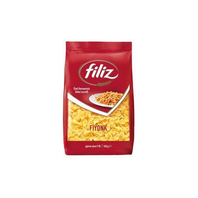 A 500g red pack of Filiz brand pasta labeled "Fiyonk" featuring an image of cooked bow-tie pasta on the front.