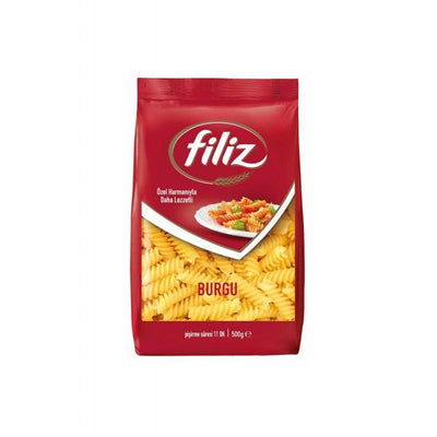 A 500g pack of Filiz - Burgu Pasta features the Filiz brand and shows an image of cooked fusilli pasta on the front.