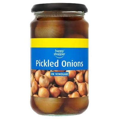 A 440g glass jar of Happy Shopper Pickled Onions in Vinegar with a blue and yellow label and black lid.
