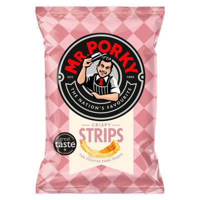 Mr. Porky Crispy Strips 35g, featuring a pink checkered pack and chef logo, offer a lighter pork rind snack for fans.
