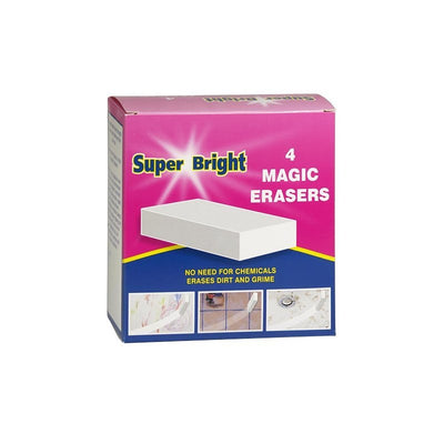 A pack of Super Bright - Magic Eraser Sponge x4 features 4 erasers, with packaging stating "No need for chemicals, erases dirt and grime." Brand: Super Bright.