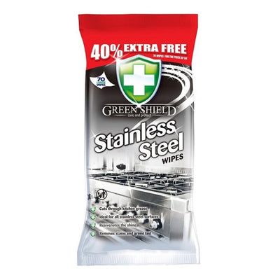 Green Shield Stainless Steel Cleaning Wipes, 70 pieces per pack, are designed for cleaning and shining stainless steel surfaces.