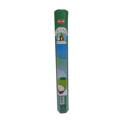 A green hexagonal box of HEM Coconut Incense - 20 Stick by HEM, featuring a coconut image and label on the front, delivers a refreshing tropical fragrance.