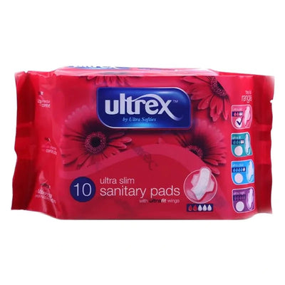 Ultrex Ultra Slim Sanitary Pads (10 pads) by Ultrex, in red packaging with floral graphics and product details.