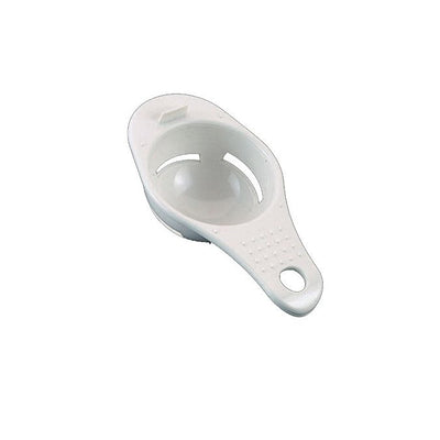 The Metaltex Egg Separator by Metaltex is a white plastic tool with a handle and hanging hole, designed for separating egg yolks from egg whites.