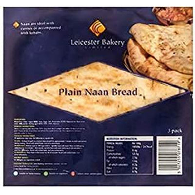 Leicester Bakery Plain Naan Bread, 4 pack, with nutrition facts and serving suggestion displayed on the front.